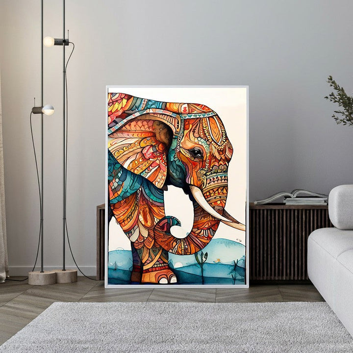 Wadi Home bohemian elephant wall art with intricate colorful patterns in warm oranges, blues, and earthy tones.