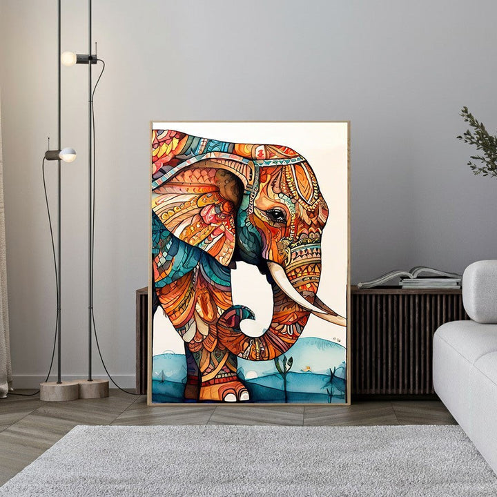 Wadi Home Bohemian Elephant Wall Art with intricate colorful patterns in warm oranges, blues, and earthy tones.
