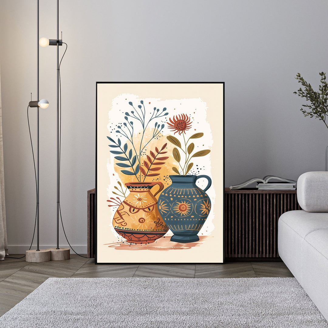 Wadi Home Bohemian floral vase wall art with abstract botanical illustration in warm earth tones. Features two ornate vases.
