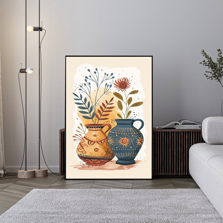 Wadi Home Bohemian floral vase wall art with abstract botanical illustration in warm earth tones. Features two ornate vases.