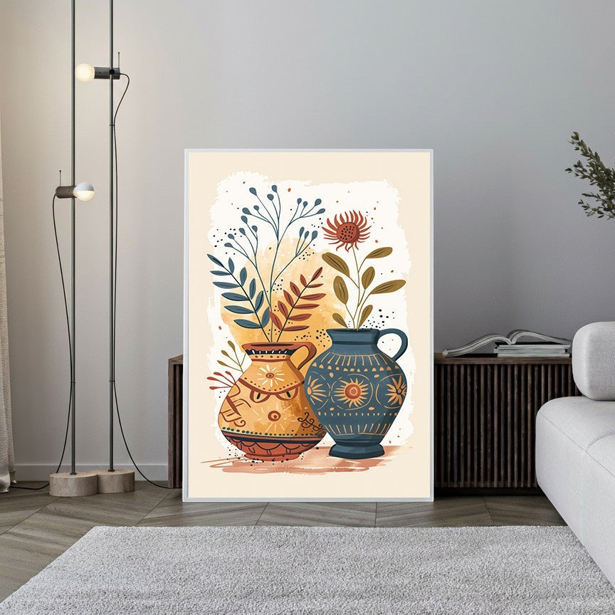 Wadi Home bohemian floral vase wall art with abstract depiction of two ornate vases filled with stylized botanicals in warm colors.