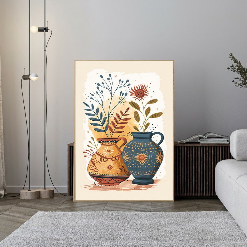 Wadi Home Bohemian Floral Vase wall art with abstract floral design in warm earth tones and blue.