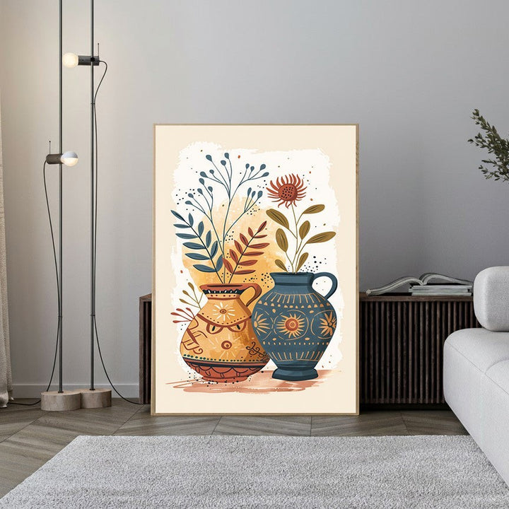 Wadi Home Bohemian Floral Vase wall art with abstract floral design in warm earth tones and blue.