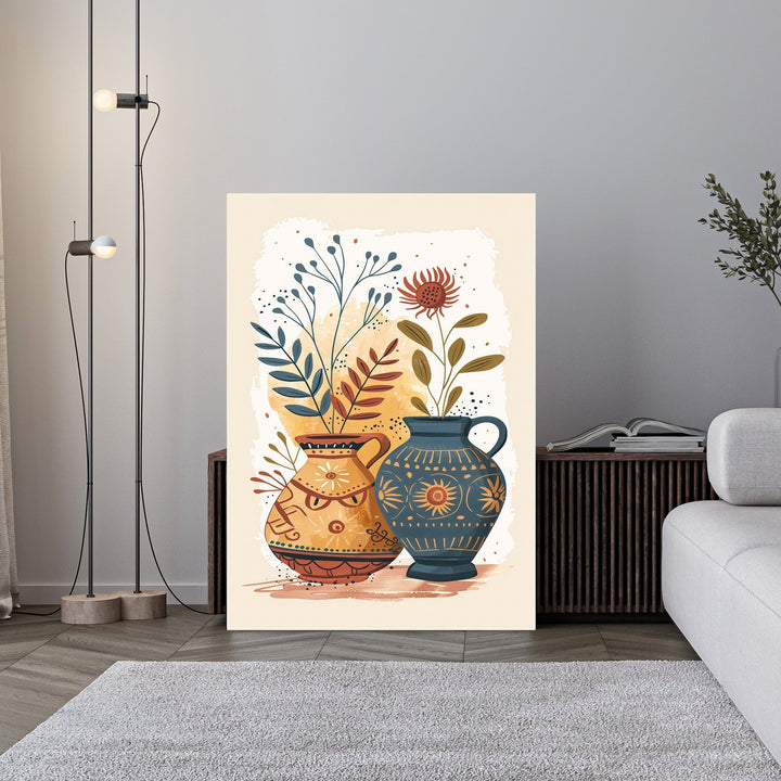 Wadi Home Bohemian Floral Vase wall art featuring two ornate vases with abstract botanical illustrations in warm earthy tones.