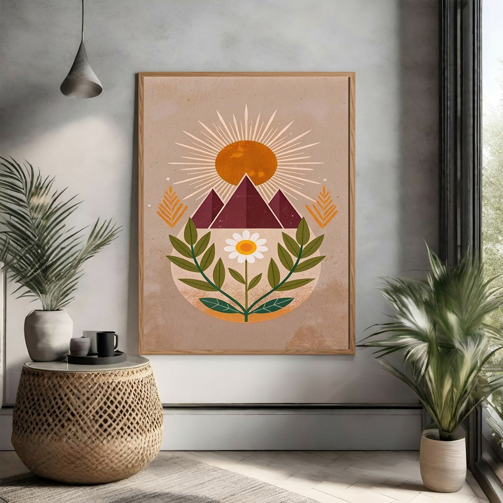 Wadi Home Bohemian Mountain Landscape Wall Art with sun, mountains, and daisy in earthy tones.