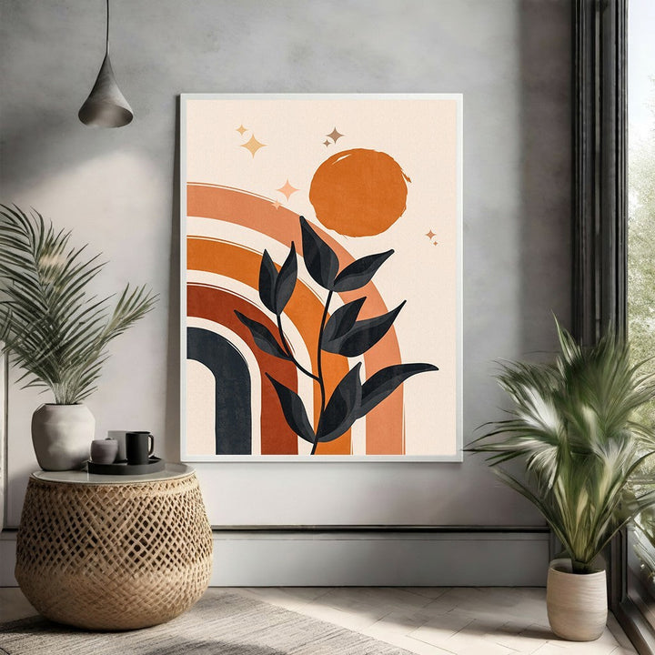Wadi Home Bohemian Rainbow and Sun Wall Art with terracotta, burnt orange, navy, and cream abstract design.