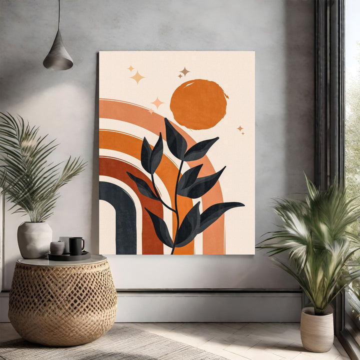 Wadi Home Bohemian Rainbow and Sun Wall Art with abstract design, terracotta, burnt orange, navy, and botanical elements.