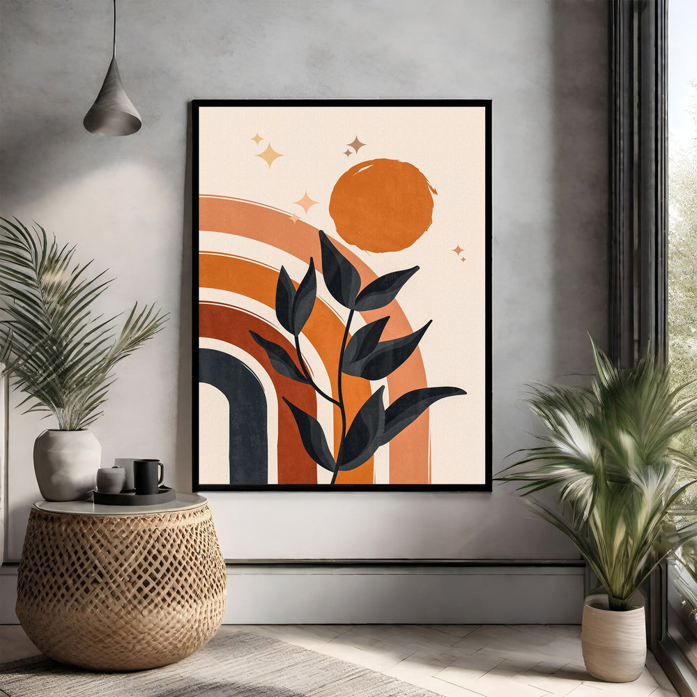 Wadi Home Bohemian Rainbow and Sun Wall Art with terracotta, orange, navy abstract design and black leaves.