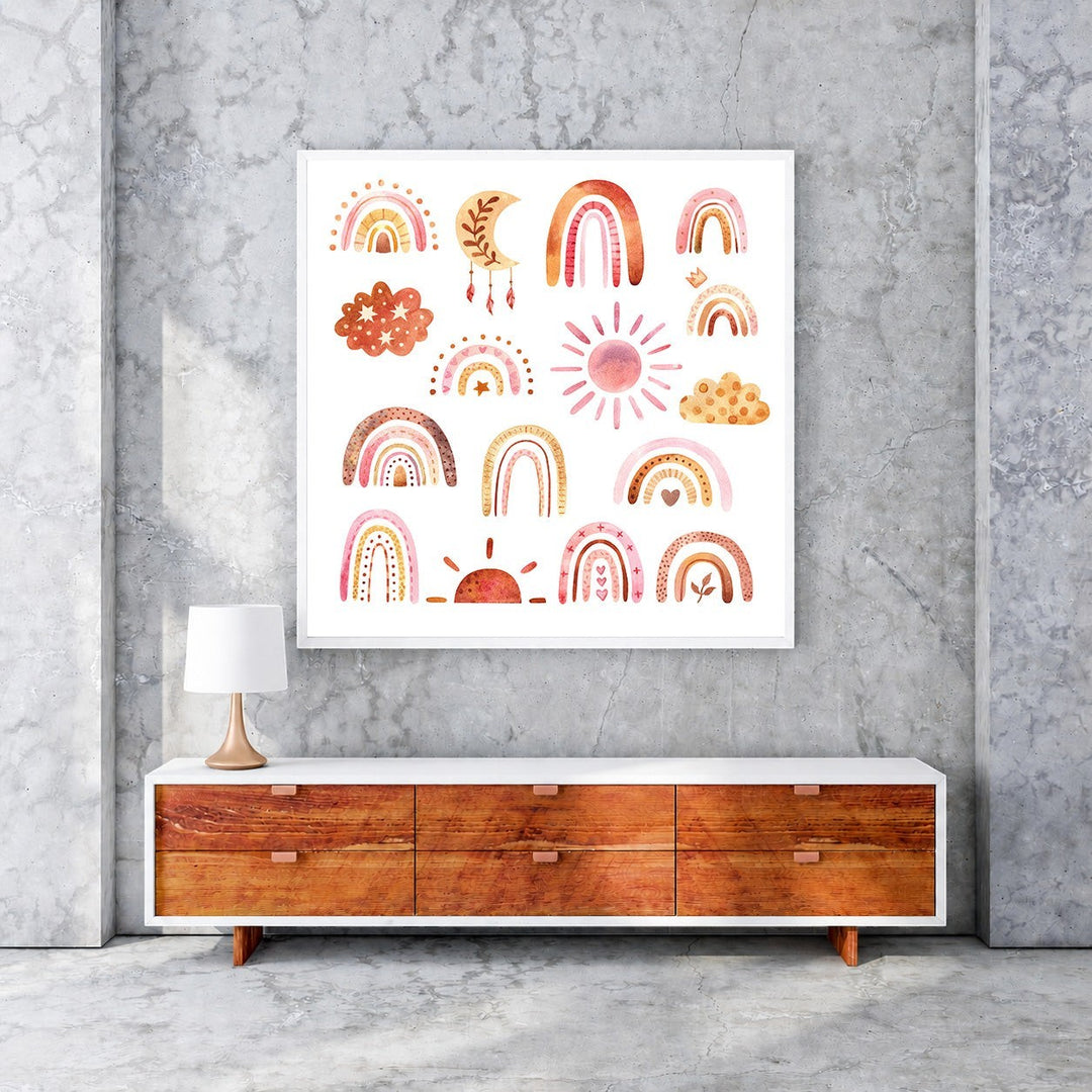 Wadi Home Boho Rainbow Sun Moon Cloud Collection Wall Art print featuring watercolor illustrations of rainbows, suns, moons, and clouds in soft, earthy tones.