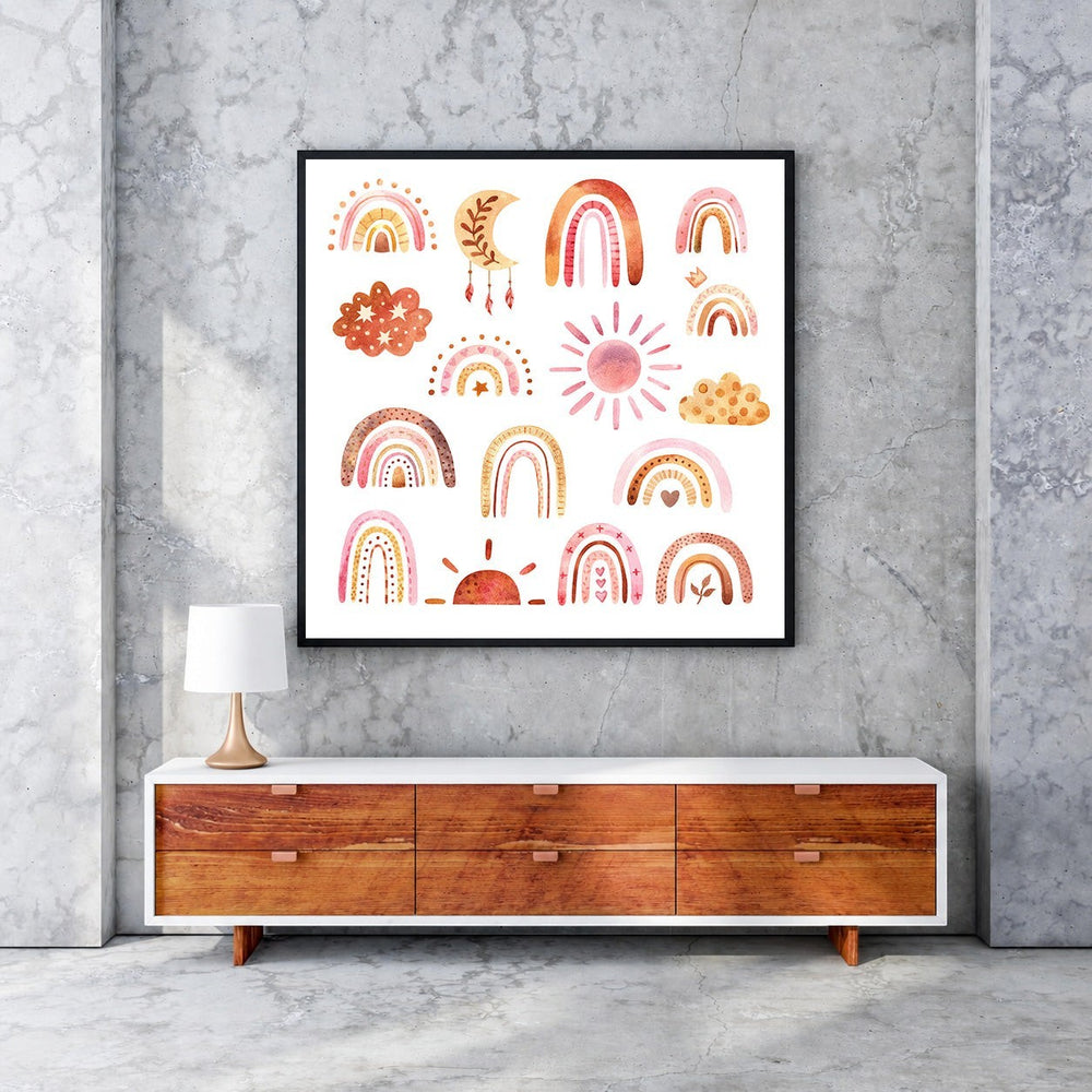 Wadi Home boho rainbow sun moon cloud collection wall art print in soft earthy tones, perfect for nursery decor.