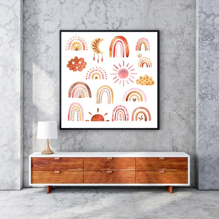 Wadi Home boho rainbow sun moon cloud collection wall art print in soft earthy tones, perfect for nursery decor.