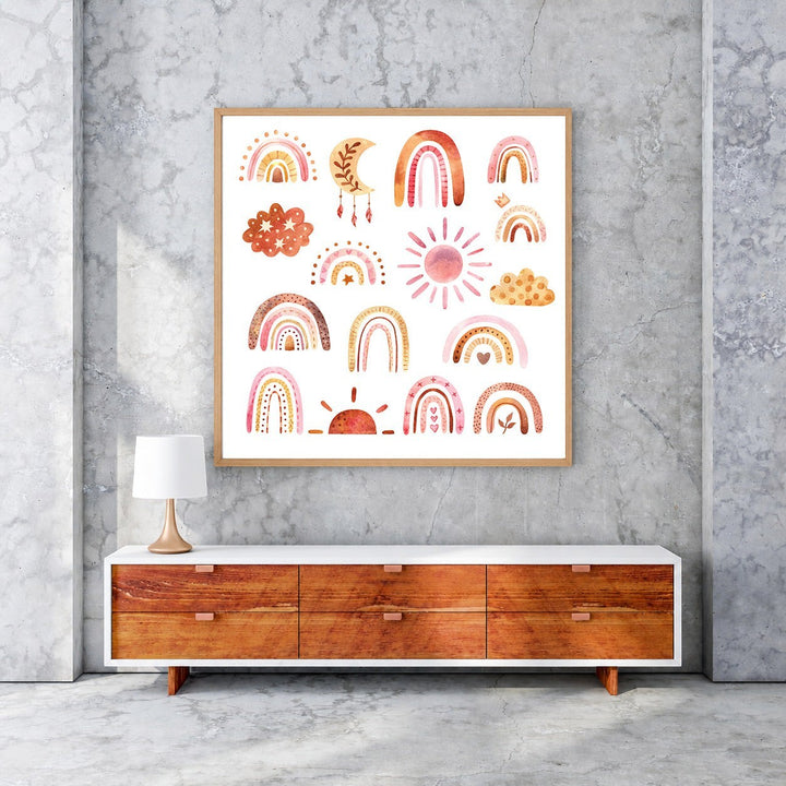 Wadi Home Boho Rainbow Sun Moon Cloud Collection Wall Art print with watercolor illustrations in earthy tones. Features rainbows, suns, moons, and clouds.