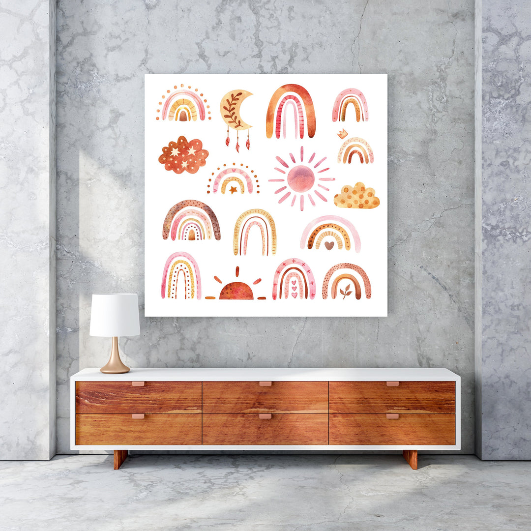 Wadi Home Boho Rainbow Sun Moon Cloud Collection Wall Art. Watercolor-style prints in earthy tones for nursery or playroom decor.