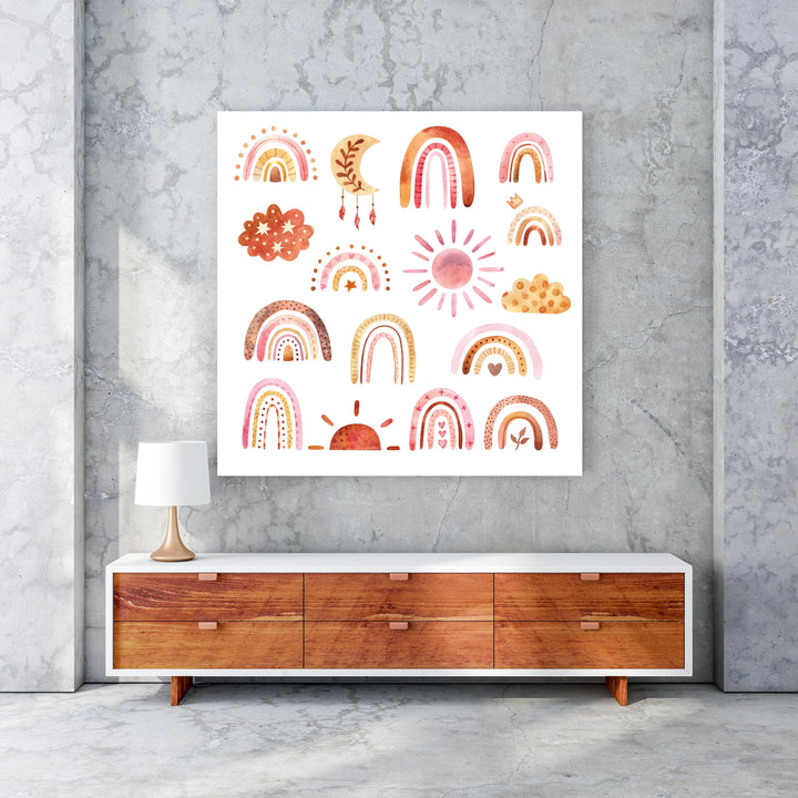 Wadi Home Boho Rainbow Sun Moon Cloud Collection Wall Art. Watercolor-style prints in earthy tones for nursery or playroom decor.