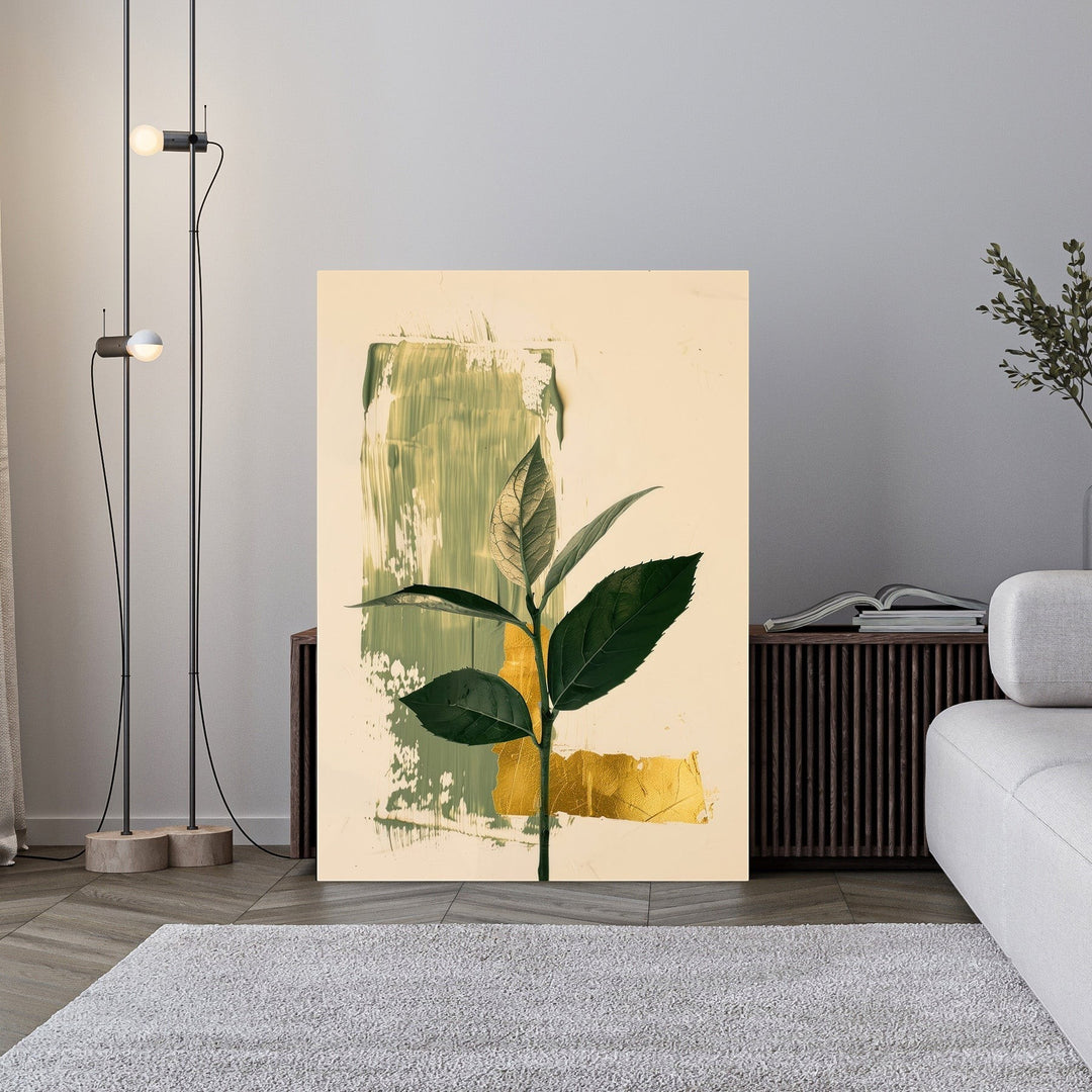 Wadi Home Botanical Abstract Wall Art featuring green leaves on a cream background with olive green and gold leaf accents.