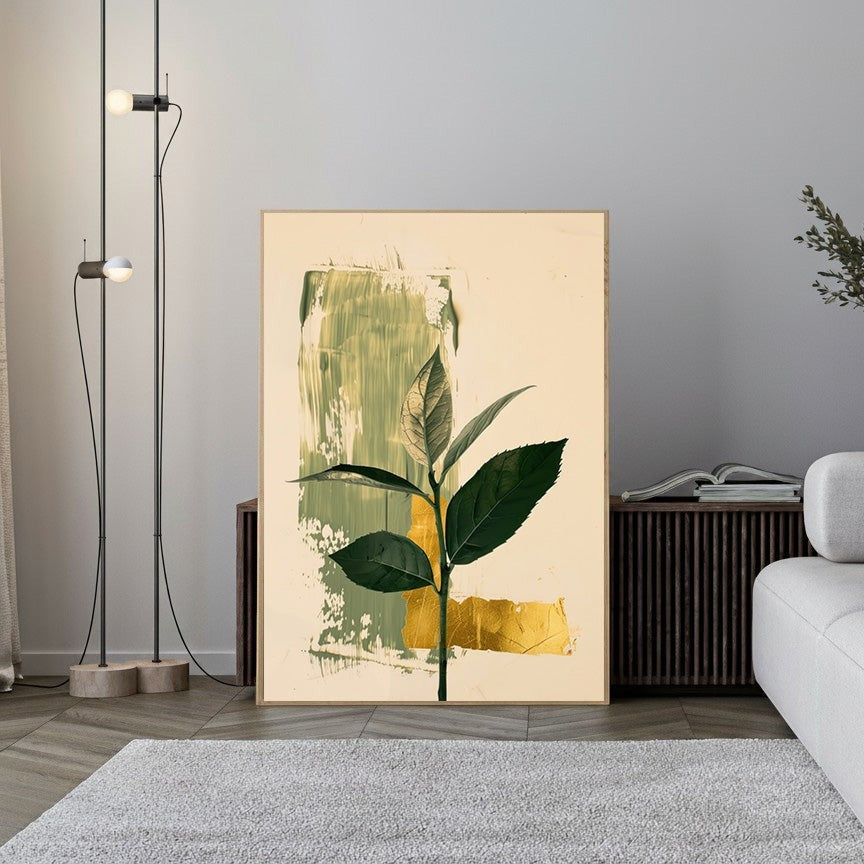 Wadi Home Botanical Abstract Wall Art with green leaves on cream background and gold leaf accents.