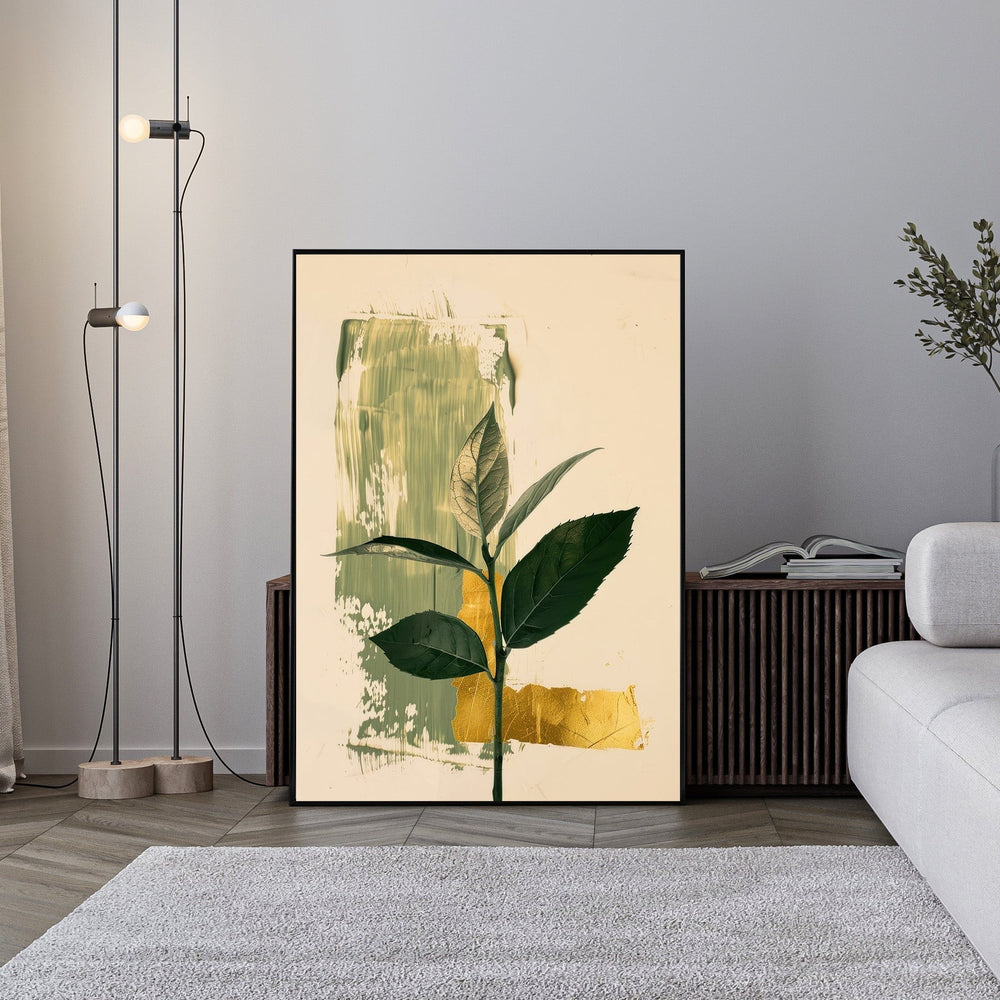 Wadi Home Botanical Abstract Wall Art with green leaves, cream background, olive green brushstrokes, and gold leaf accents.