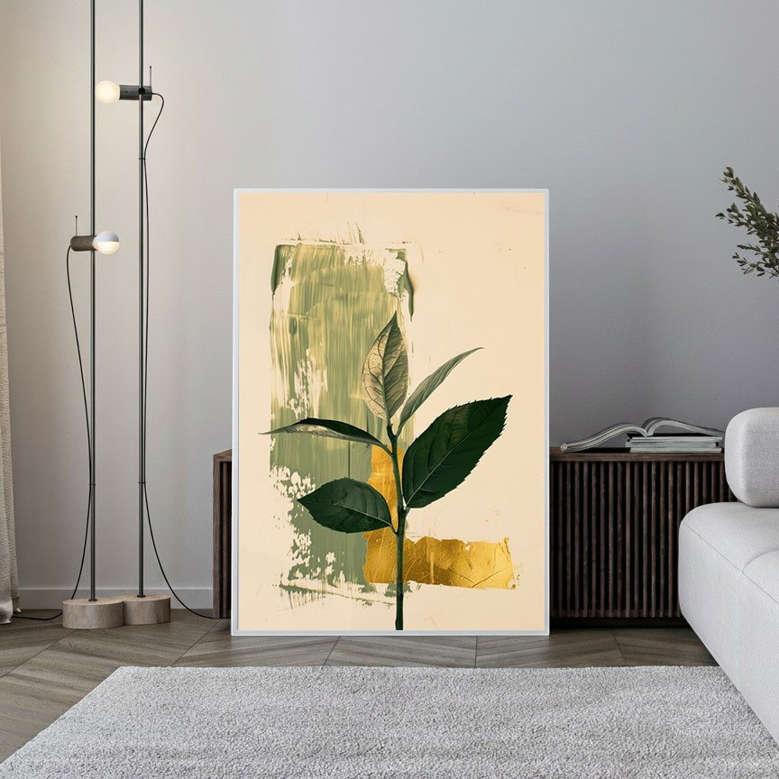 Wadi Home Botanical Abstract Wall Art with green leaves on cream background and gold leaf accents.
