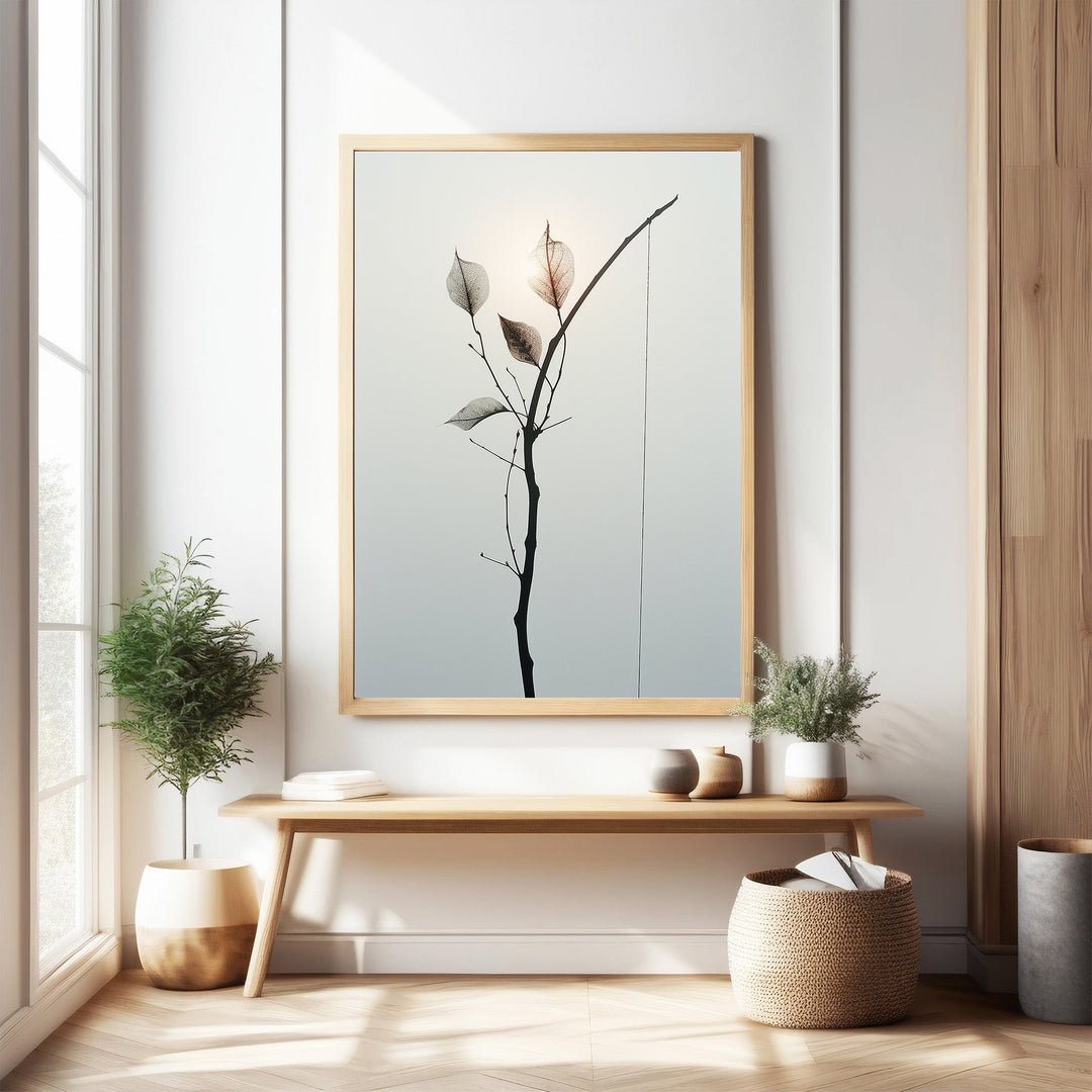 Wadi Home Delicate Branch Botanical Art print with translucent leaves in a natural wood frame. Minimalist nature art.