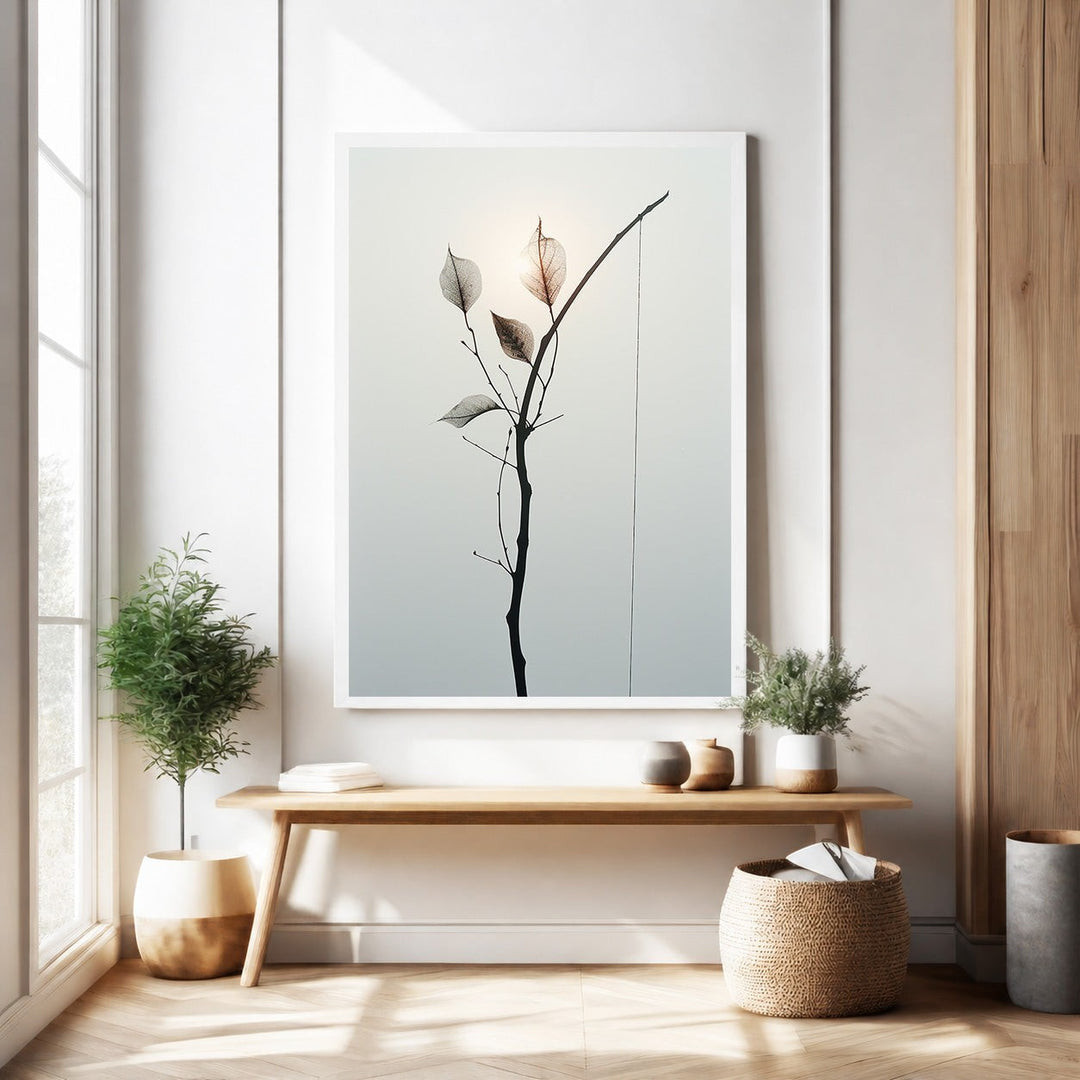 Wadi Home Delicate Branch Botanical Art print with translucent leaves and minimalist design, framed in white.
