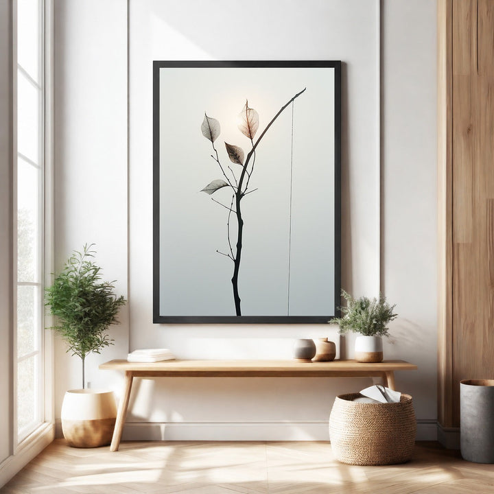 Wadi Home Delicate Branch Botanical Art print with translucent leaves in a black frame, minimalist nature decor.