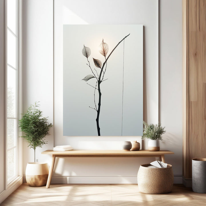 Wadi Home delicate branch botanical art with translucent leaves against a soft background, framed in natural wood or black.