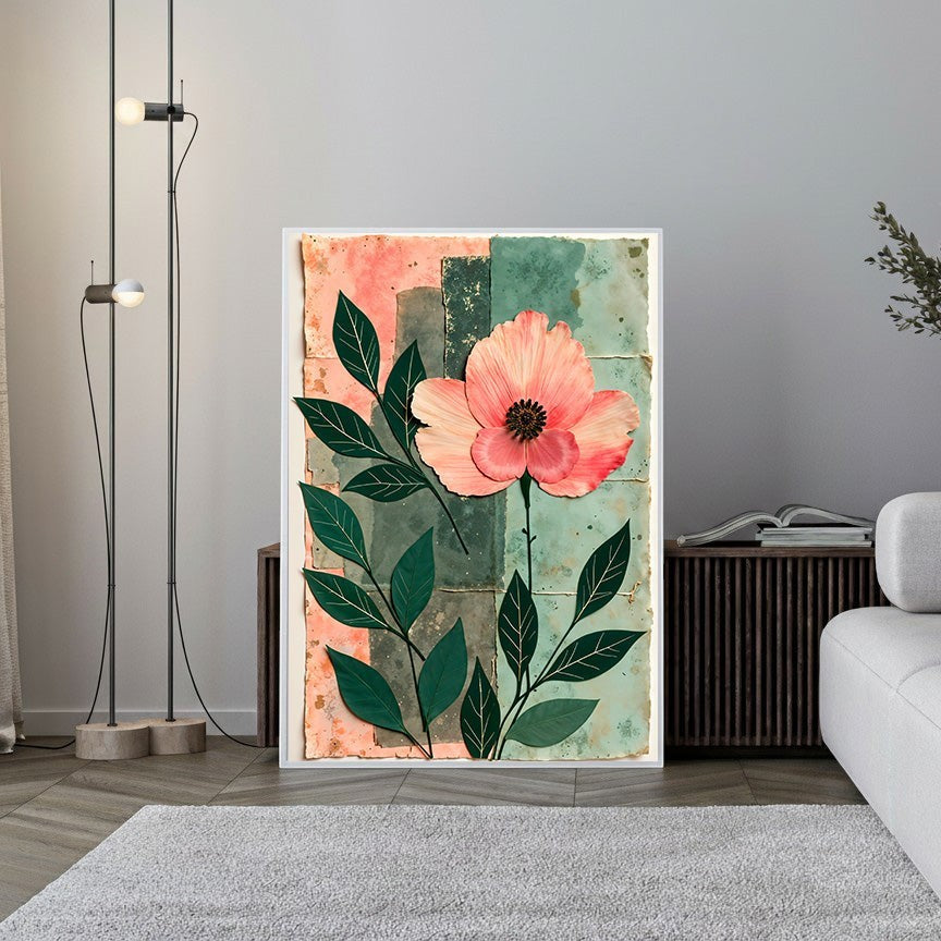 Wadi Home Botanical Floral Art Print: Pink poppy with green leaves on abstract coral and teal textured background.
