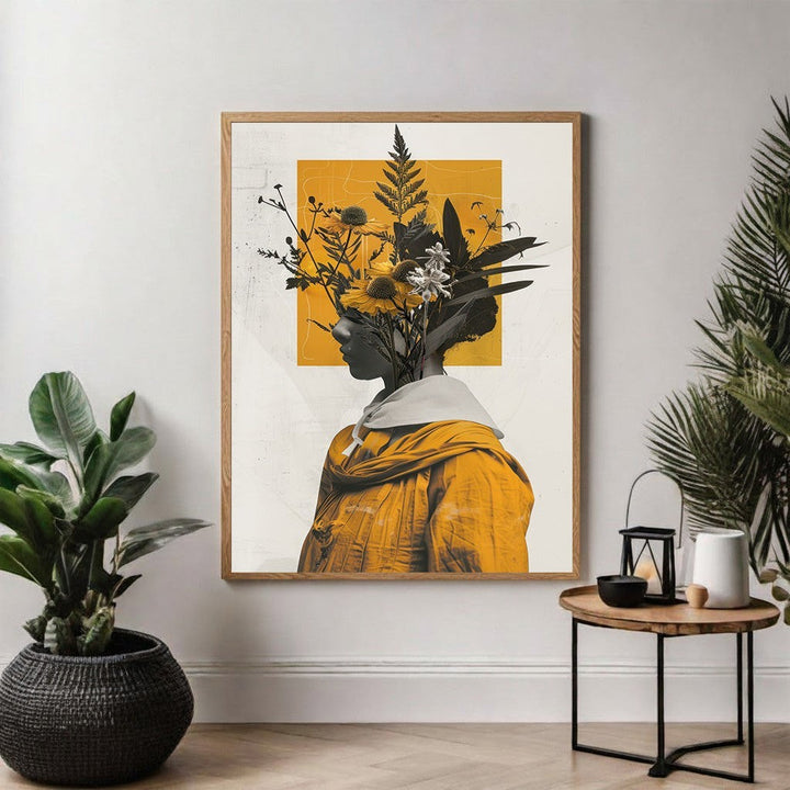 Wadi Home Botanical Head Portrait Wall Art featuring a profile silhouette crowned with yellow wildflowers and green foliage.