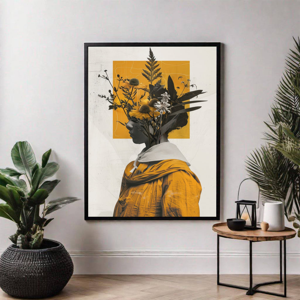 Wadi Home Botanical Head Portrait Wall Art: Profile silhouette adorned with yellow wildflowers and greenery, wearing an ochre robe.