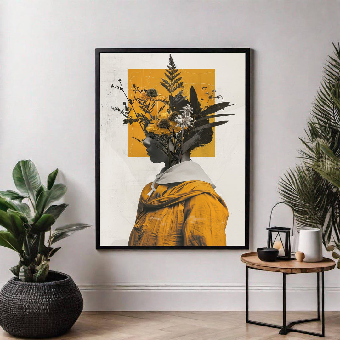 Wadi Home Botanical Head Portrait Wall Art: Profile silhouette adorned with yellow wildflowers and greenery, wearing an ochre robe.