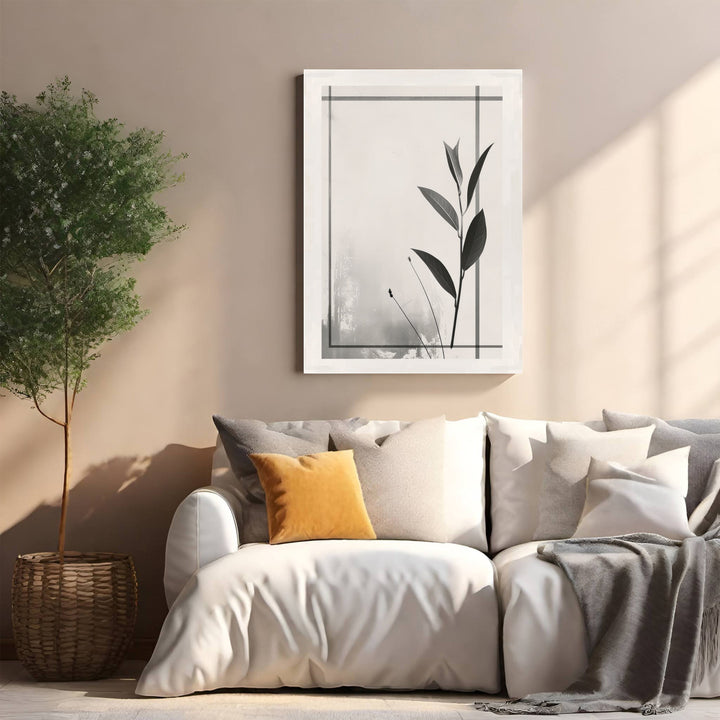 Wadi Home Botanical Line Art Framed Wall Art, black and white minimalist leaf print in a white frame.