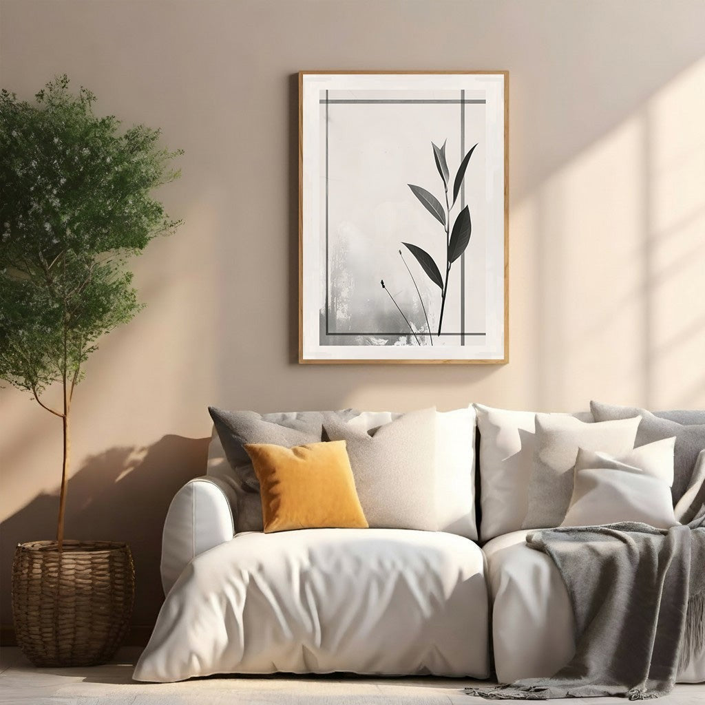 Wadi Home Botanical Line Art Framed Wall Art, black and white minimalist leaf design, framed in light wood, modern home decor.