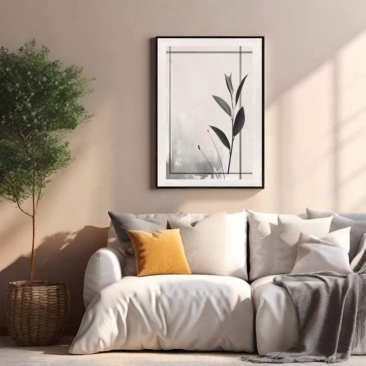 Wadi Home Botanical Line Art Framed Wall Art, black and white minimalist leaf design, modern home decor.
