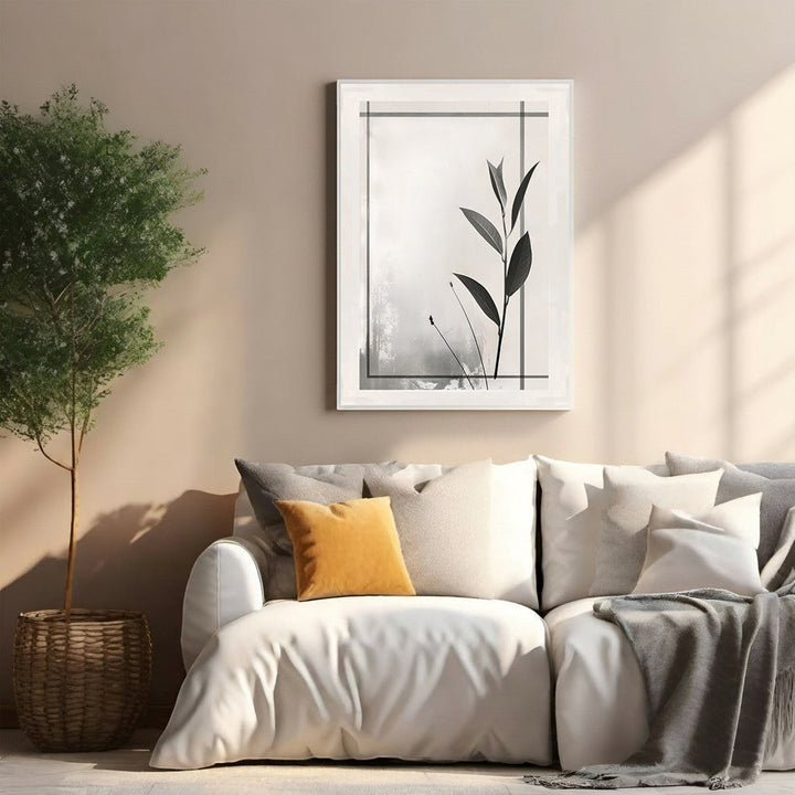 Wadi Home Botanical Line Art Framed Wall Art, black and white minimalist leaf print in a white frame.