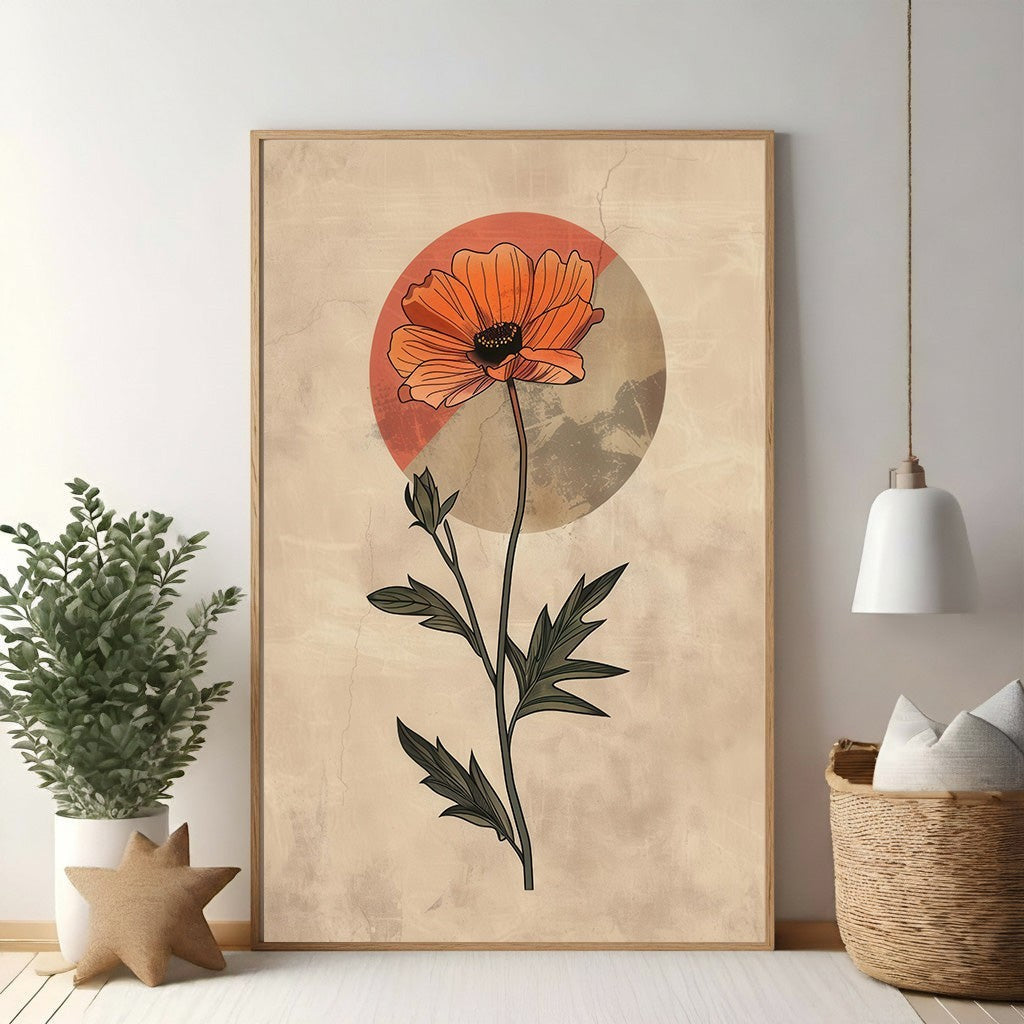 Wadi Home Botanical Poppy Flower Art. Vibrant orange poppy illustration on textured neutral background with abstract circle. Modern minimalist wall art.