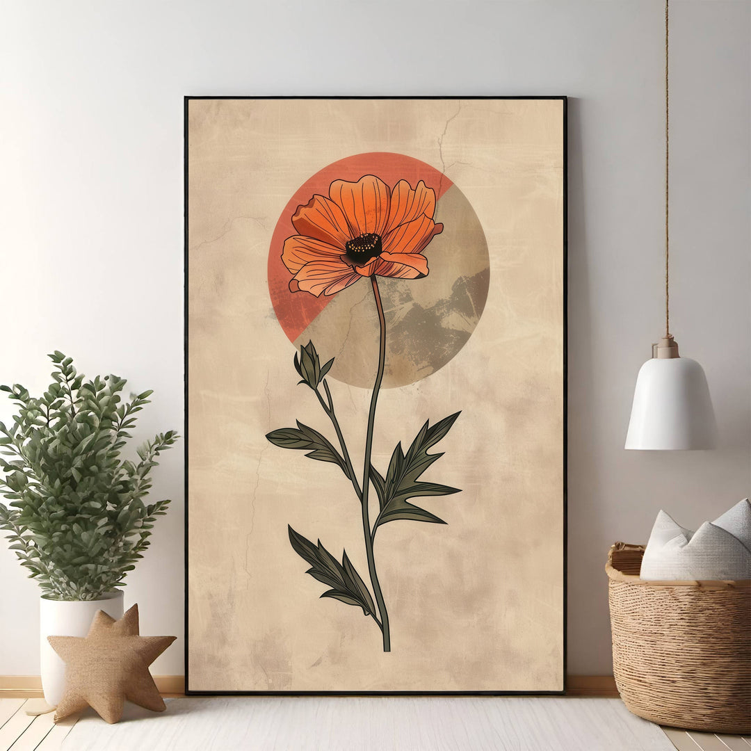 Wadi Home botanical poppy flower art with orange bloom on textured neutral background and abstract circle.