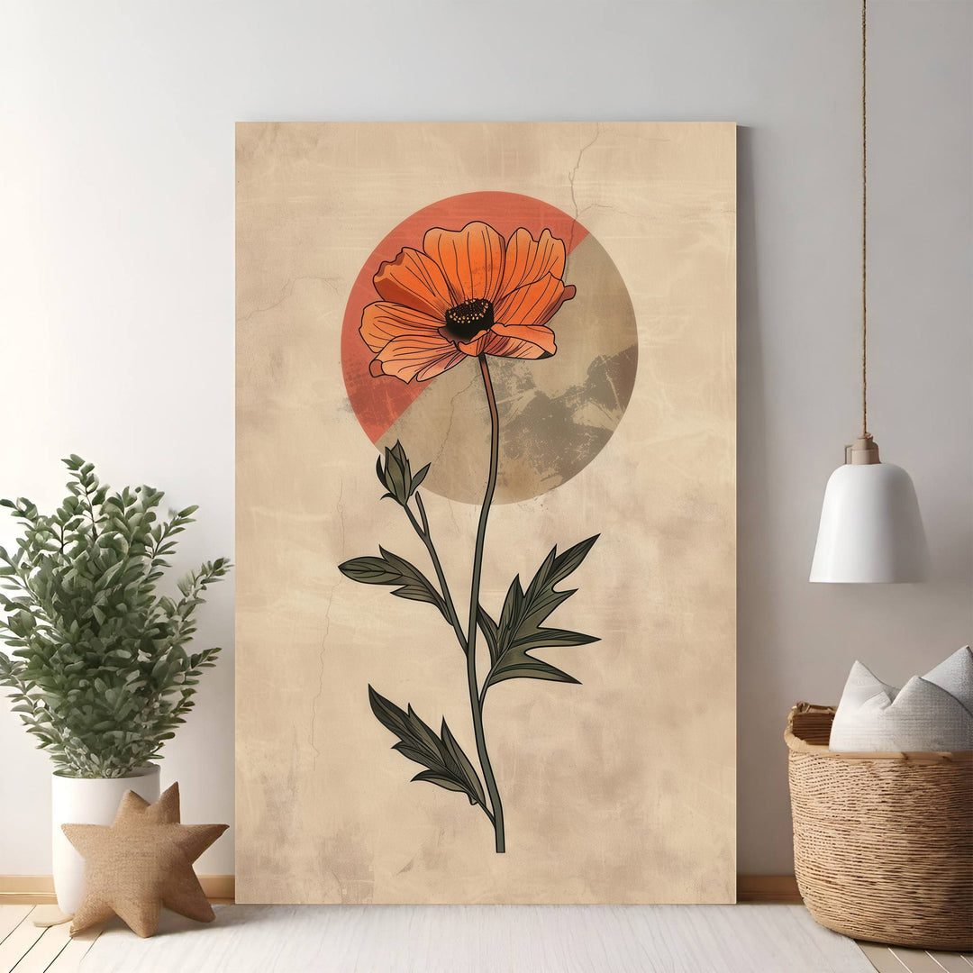 Wadi Home botanical poppy flower wall art with vibrant orange petals on a textured neutral background with abstract circles.
