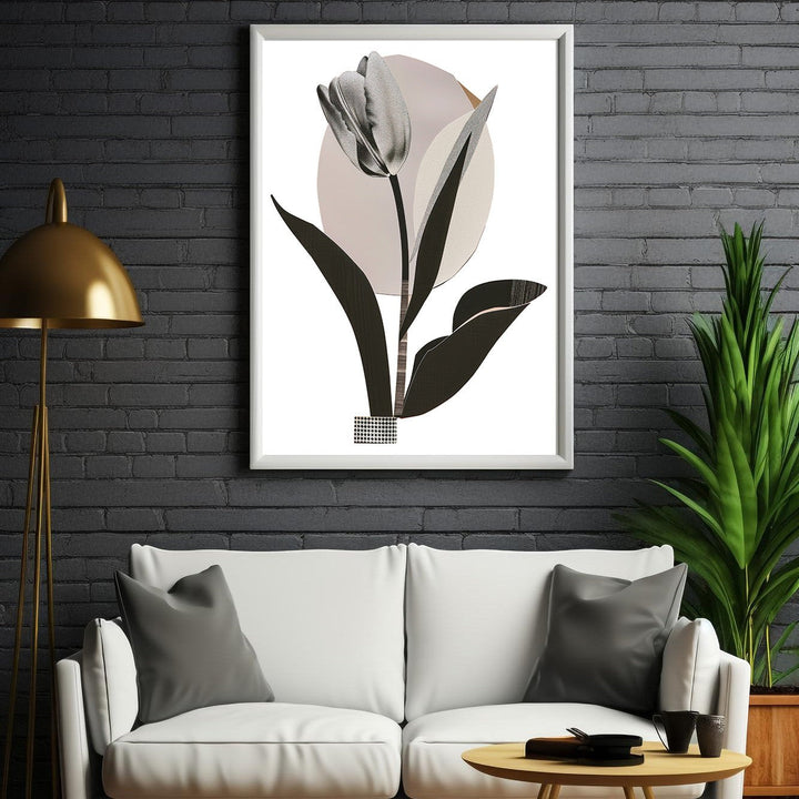 Wadi Home Botanical Tulip Wall Art, monochrome tulip illustration with abstract circular background and textured details.