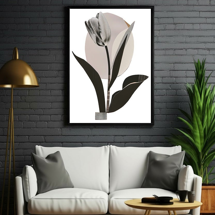 Wadi Home Botanical Tulip Wall Art, monochrome tulip illustration with abstract circular background and textured details.