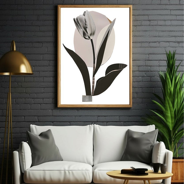 Wadi Home Botanical Tulip Wall Art, monochrome tulip illustration with abstract circular background and textured details.