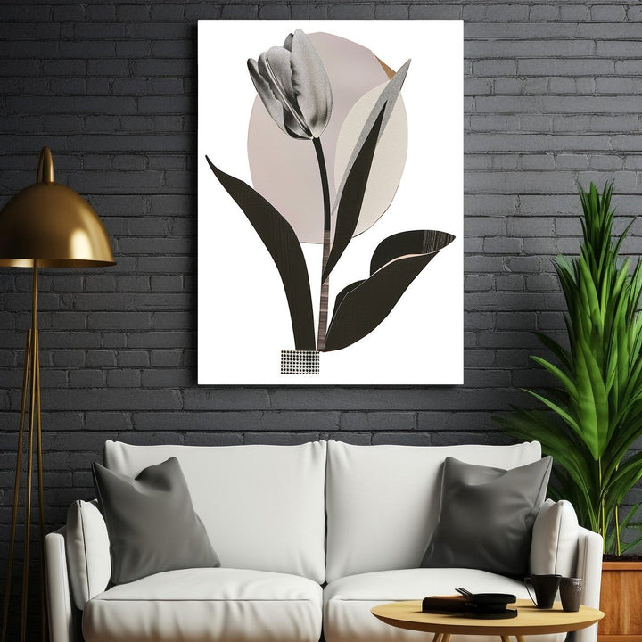 Wadi Home Botanical Tulip Wall Art, monochrome tulip illustration with abstract circular background and textured details.