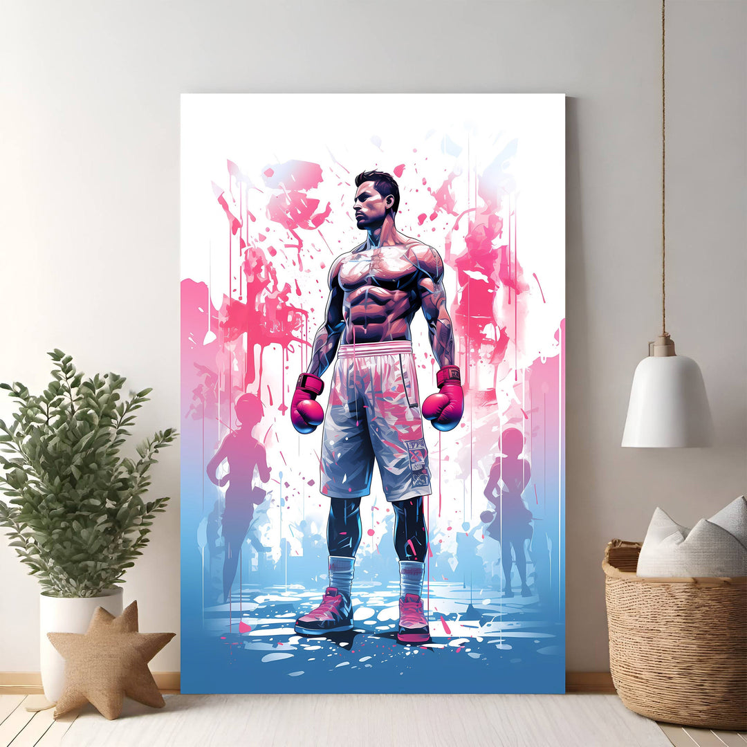 Wadi Home artwork of a muscular boxer in pink gloves and white shorts, with abstract pink and blue paint splatters.