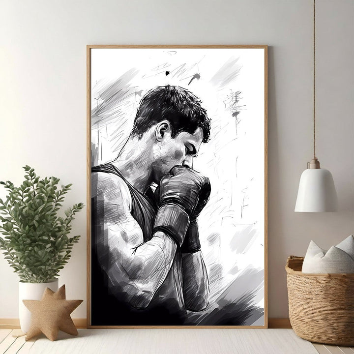 Wadi Home black and white sketch art of a boxer in contemplation, gloved hands clasped near face, dynamic shading.