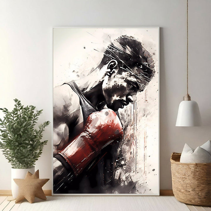 Wadi Home art print of a boxer in red gloves, deep in thought, rendered in watercolor and ink with black, white, and red accents.