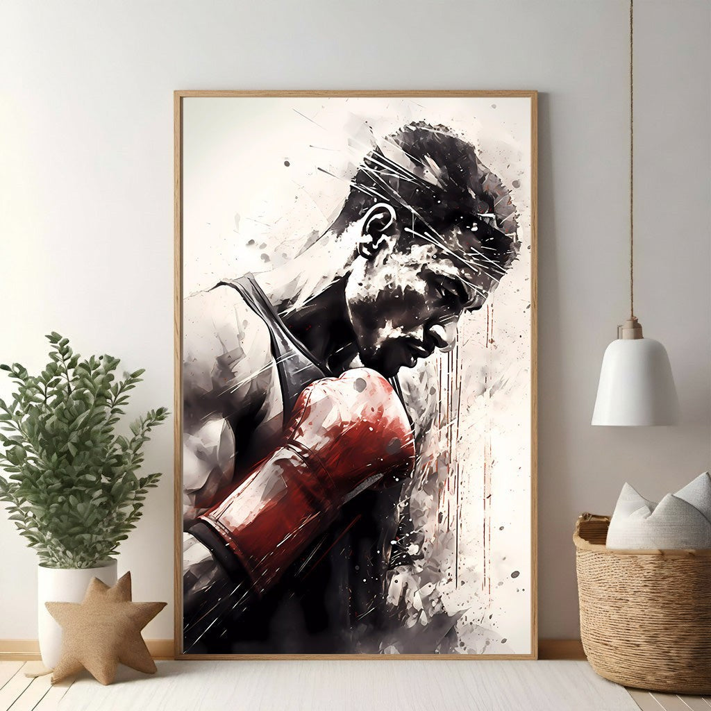 Wadi Home art print of a boxer in red gloves, head bowed in thought, watercolor and ink style with black, white, and red accents.