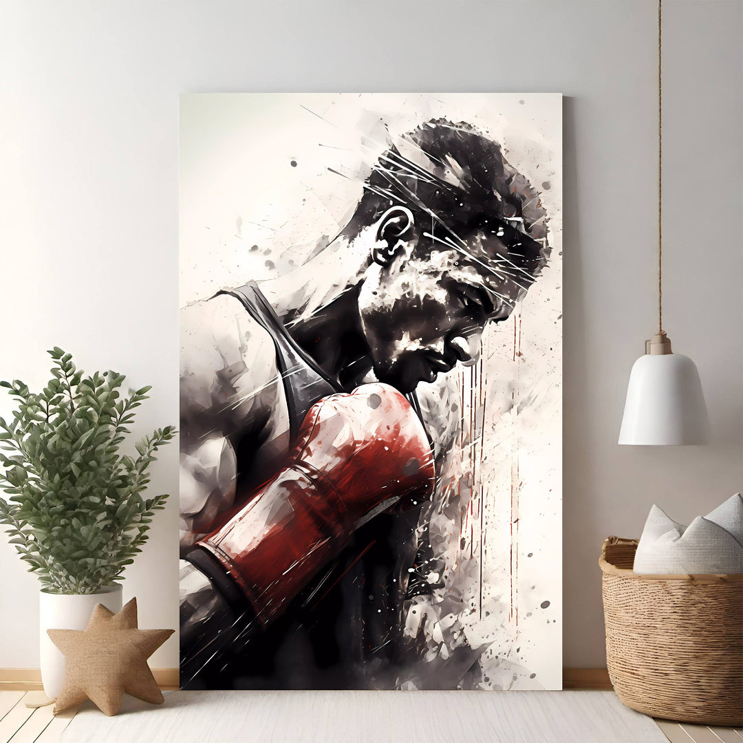 Wadi Home art print of a boxer in red gloves, head down in thought, watercolor and ink style with black, white, and red.