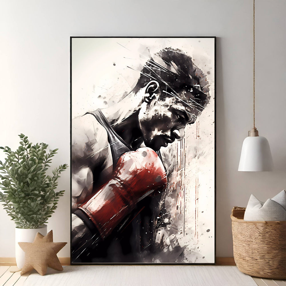 Wadi Home art print of a boxer in red gloves, deep in thought, rendered in watercolor and ink with black, white, and red accents.