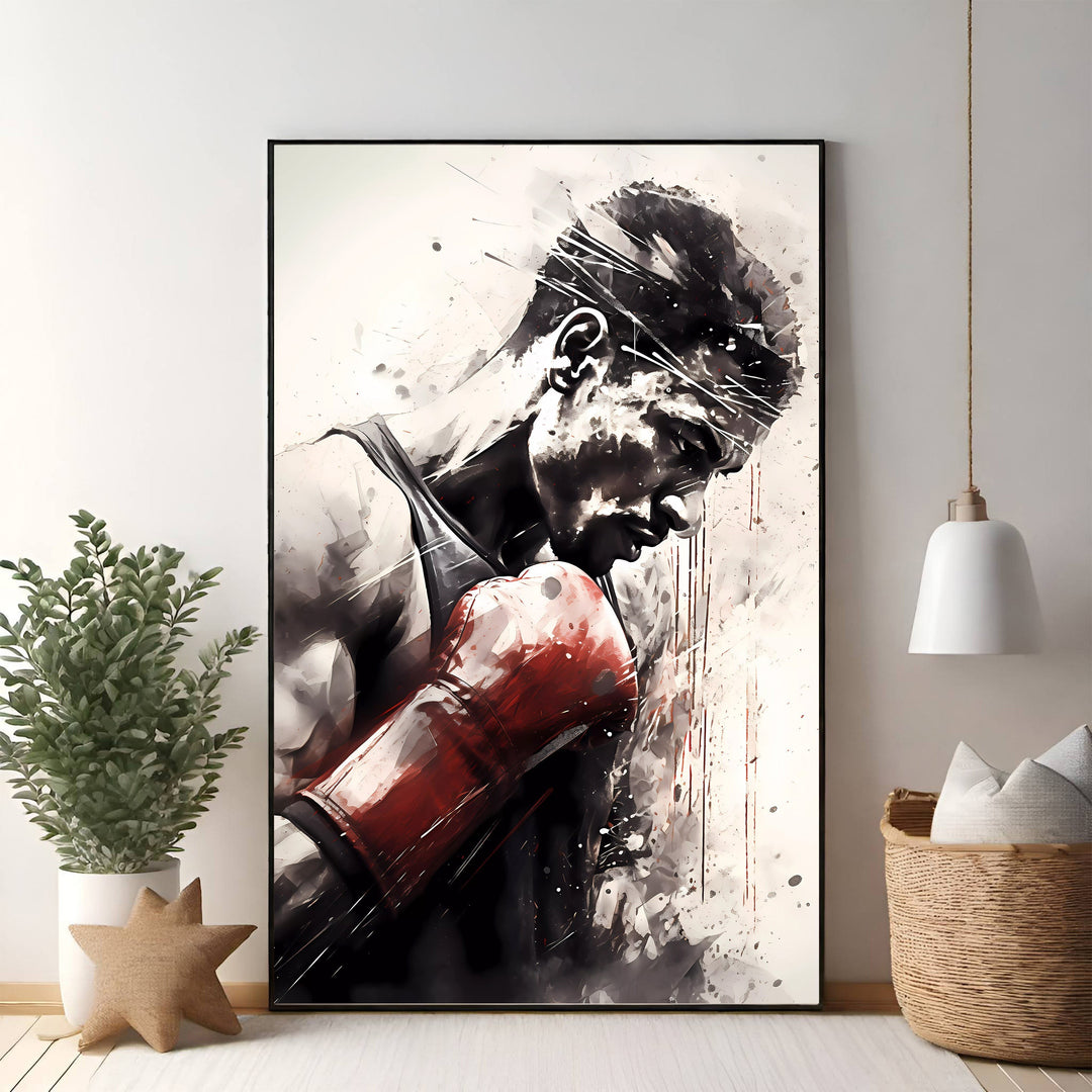 Wadi Home art print of a boxer in red gloves, deep in thought, rendered in watercolor and ink with black, white, and red accents.