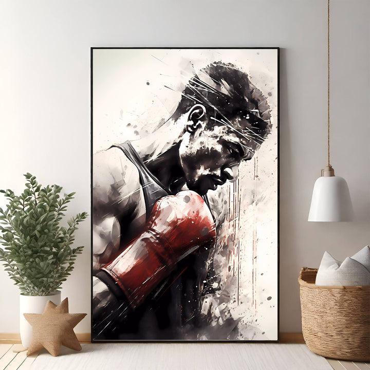 Wadi Home art print of a boxer in red gloves, deep in thought, rendered in watercolor and ink with black, white, and red accents.