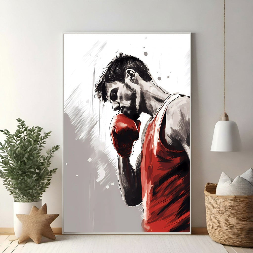 Wadi Home boxing artwork of a focused male boxer in a red tank top and boxing gloves, set against a grey and white abstract background.